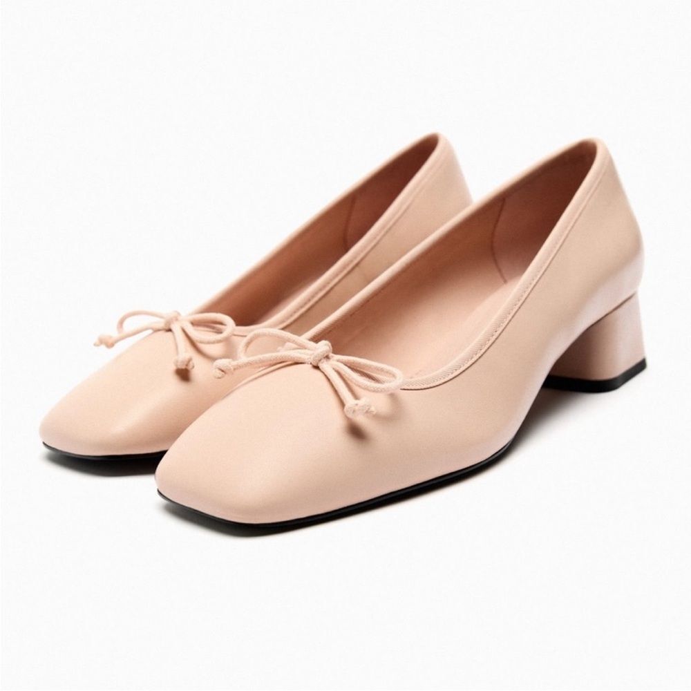 Zara Leather Block‑Heel Ballerina Flats with Bow – Size 6– NWOT